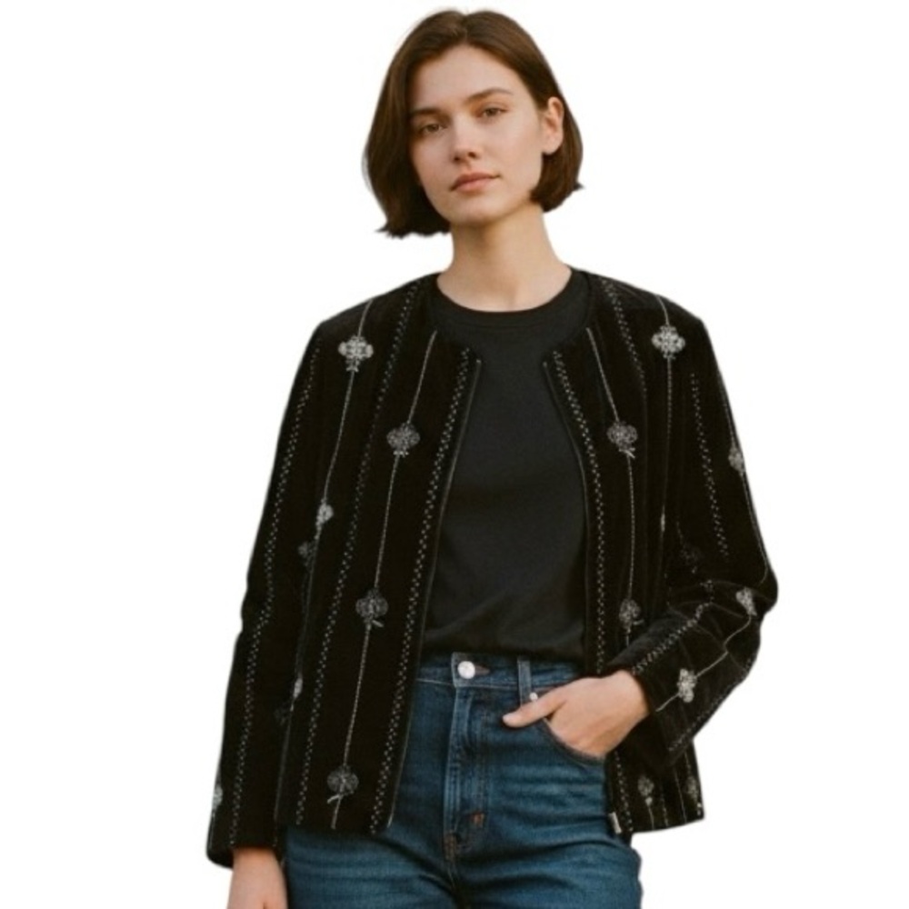 Zara Embroidered Boho Velvet Jacket Women’s Sz L Black Gray Floral Blazer Kimono